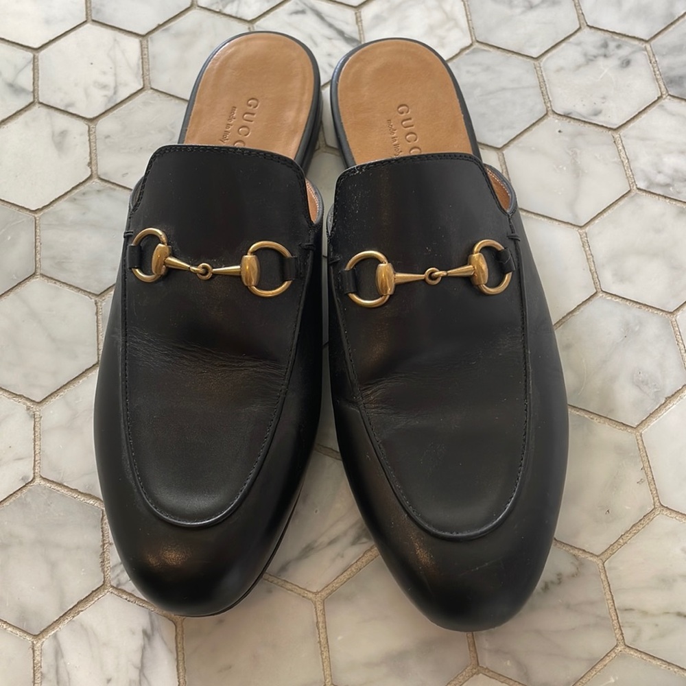 Gucci Princetown Horsebit Black Leather Round Toe Flats Loafers Mules 36.5
